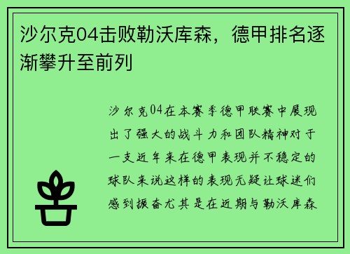 沙尔克04击败勒沃库森，德甲排名逐渐攀升至前列